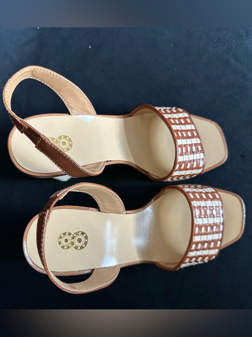 Made in Italy Brown & Cream Woven Slingback Block Heels strap and buckle sandals - Picture 4 of 16